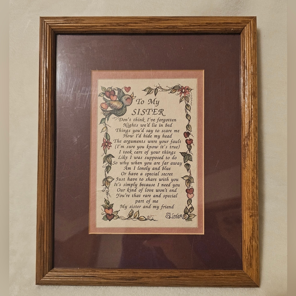 Framed "To My Sister" Poem Wall Art in Burgundy and Oak